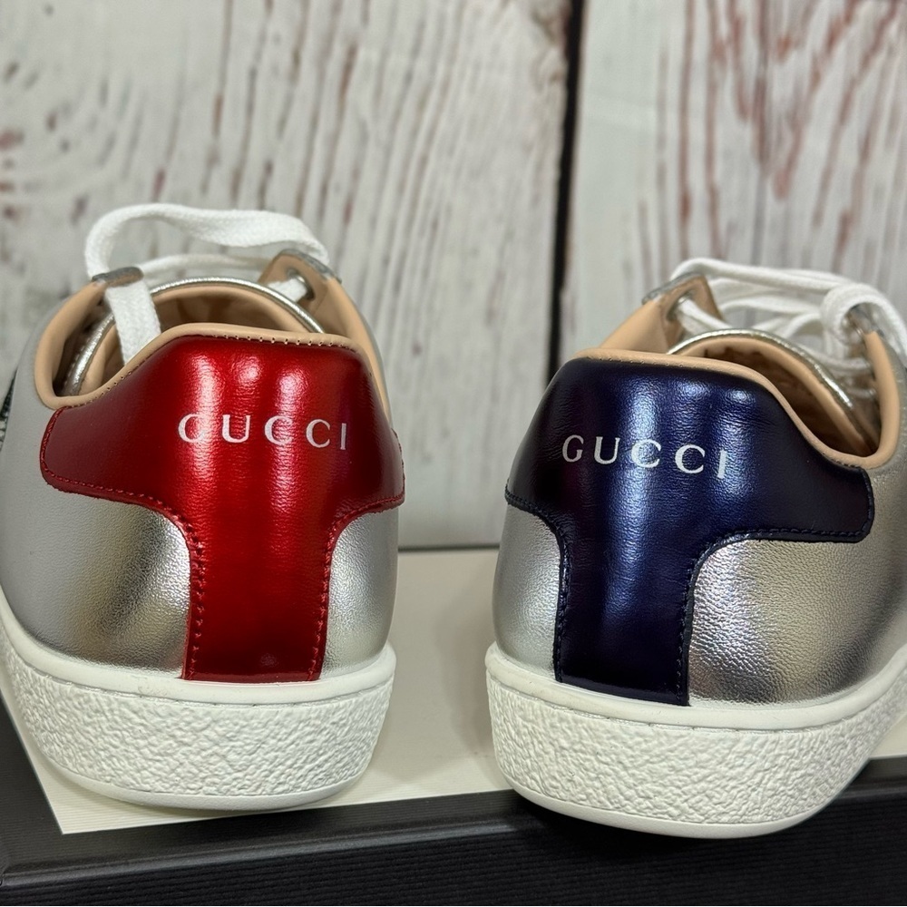 GUCCI ACE Year of the Dog Metallic Silver Women’s Napa Leather Sneakers 7 NiB - Picture 5 of 17
